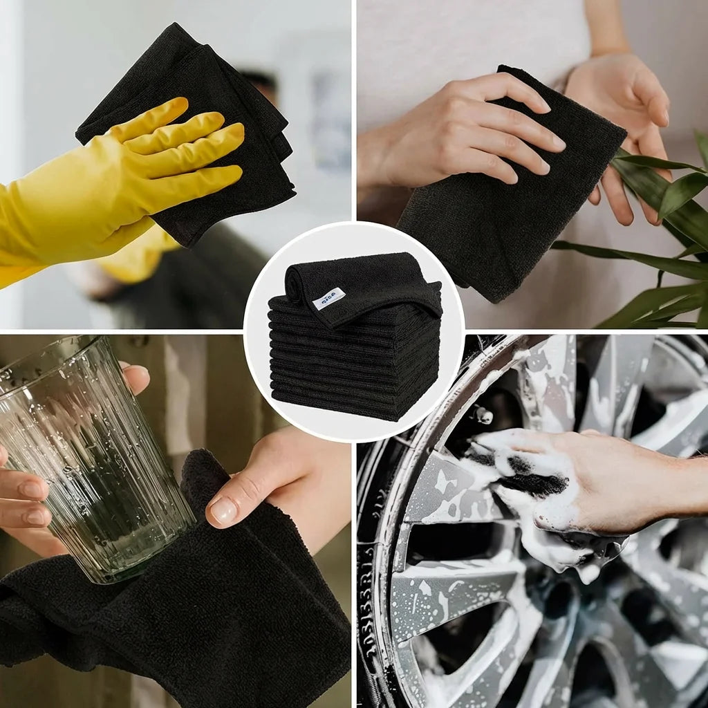 Microfiber Cleaning Cloth Pack of 12, All-Purpose Cleaning Towels, Streak Free Rags, Black 32x32 cm